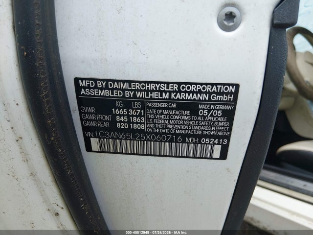 2005 Chrysler Crossfire Limited მანქანა იყიდება აუქციონზე, vin: 1C3AN65L25X060716, აუქციონის ნომერი: 45512049