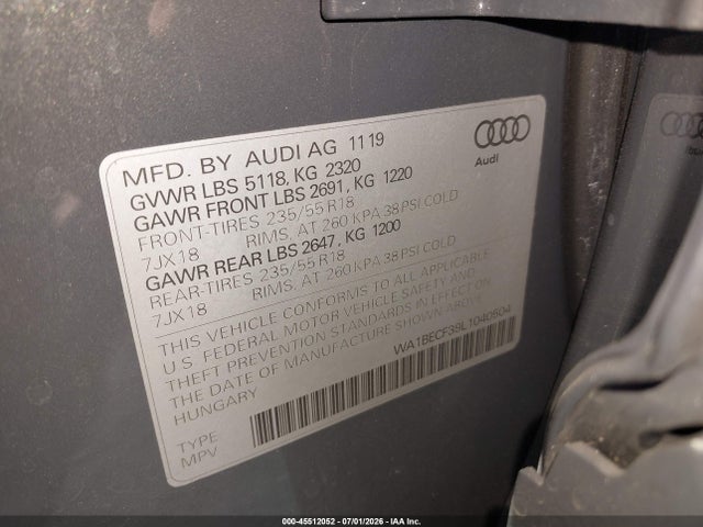 Aukcja sprzedaży 2020 Audi Q3 Premium Plus 45 Tfsi Quattro Tiptronic, vin: WA1BECF39L1040504, numer aukcji: 45512052