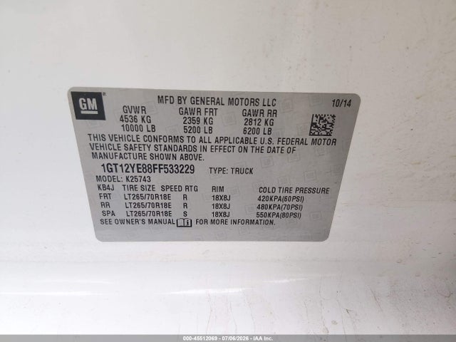 Aukcja sprzedaży 2015 Gmc Sierra 2500hd Available Wifi Sle, vin: 1GT12YE88FF533229, numer aukcji: 45512069