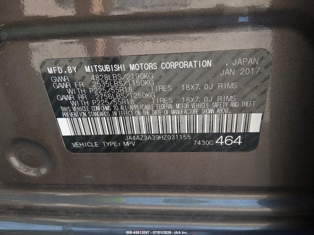 Aukcja sprzedaży 2017 Mitsubishi Outlander Se/sel, vin: JA4AZ3A39HZ031155, numer aukcji: 45512087