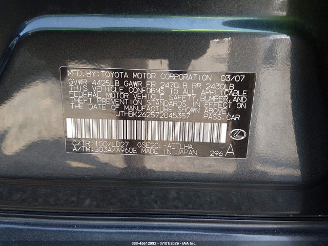 Aukcja sprzedaży 2007 Lexus Is 250, vin: JTHBK262572045357, numer aukcji: 45512092