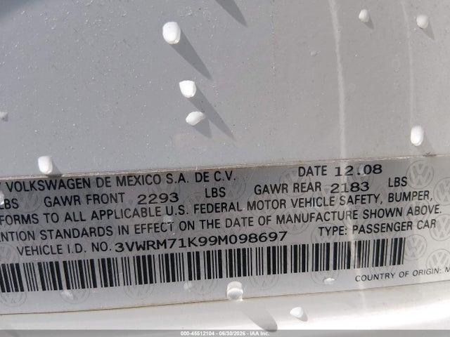 Продаж на аукціоні авто 2009 Volkswagen Jetta Se, vin: 3VWRM71K99M098697, номер лоту: 45512104