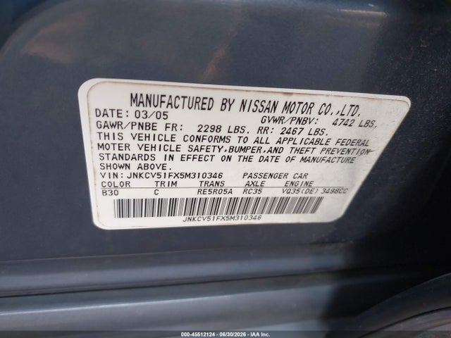 Aukcja sprzedaży 2005 Infiniti G35x, vin: JNKCV51FX5M310346, numer aukcji: 45512124