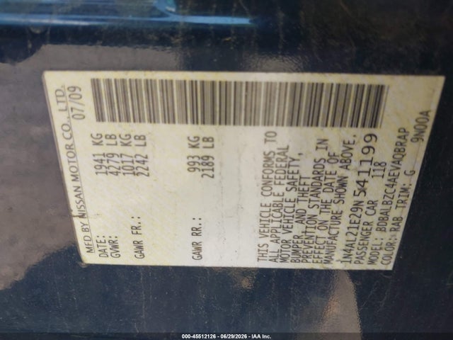 Aukcja sprzedaży 2009 Nissan Altima 2.5 S, vin: 1N4AL21E29N541199, numer aukcji: 45512126
