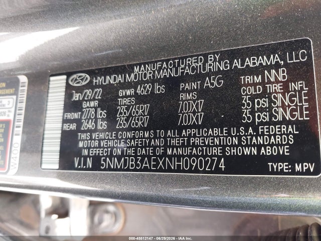 45512147 :رقم المزاد ، 5NMJB3AEXNH090274 vin ، 2022 Hyundai Tucson Sel مزاد بيع