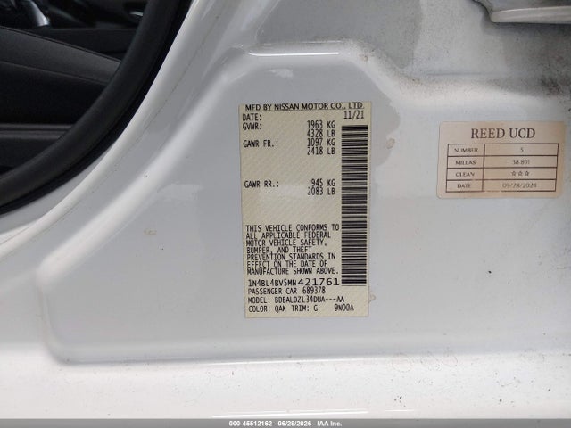 Продажа на аукционе авто 2021 Nissan Altima S Fwd, vin: 1N4BL4BV5MN421761, номер лота: 45512162