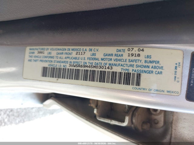 45512170 :رقم المزاد ، 3VWSR69M45M030143 vin ، 2005 Volkswagen Jetta Gls Tdi مزاد بيع