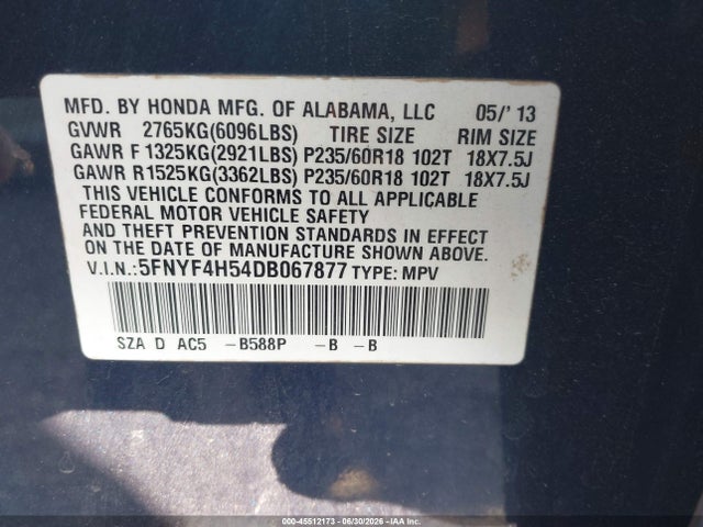 Продажа на аукционе авто 2013 Honda Pilot Ex-l, vin: 5FNYF4H54DB067877, номер лота: 45512173