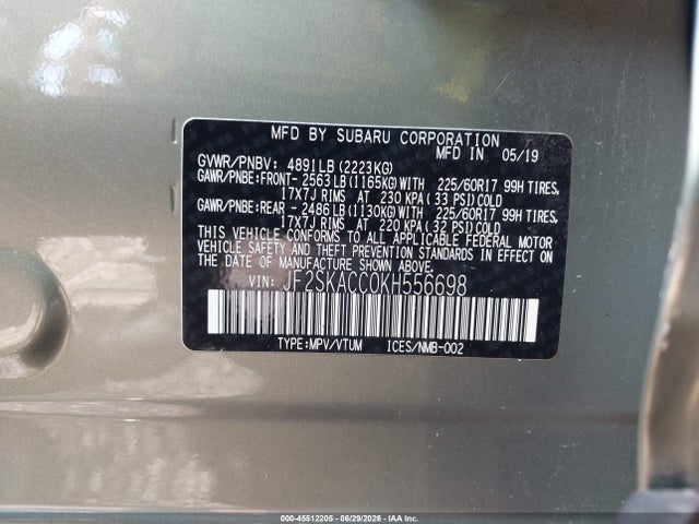 45512205 :رقم المزاد ، JF2SKACC0KH556698 vin ، 2019 Subaru Forester مزاد بيع