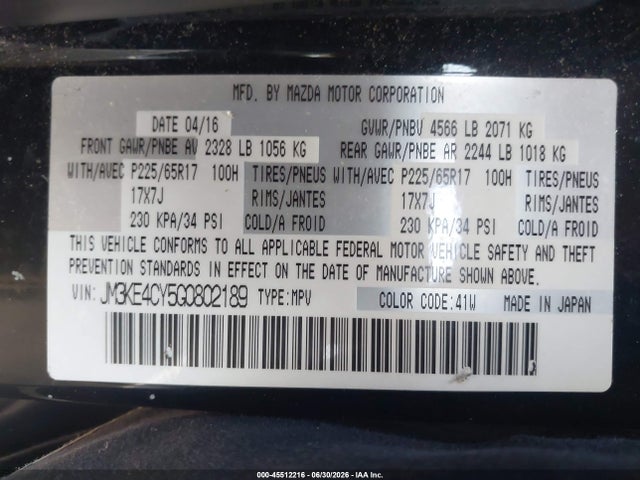 45512216 :رقم المزاد ، JM3KE4CY5G0802189 vin ، 2016 Mazda Cx-5 Touring مزاد بيع