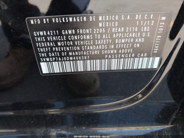 45512226 :رقم المزاد ، 3VWDP7AJ0DM406387 vin ، 2013 Volkswagen Jetta 2.5l Se مزاد بيع