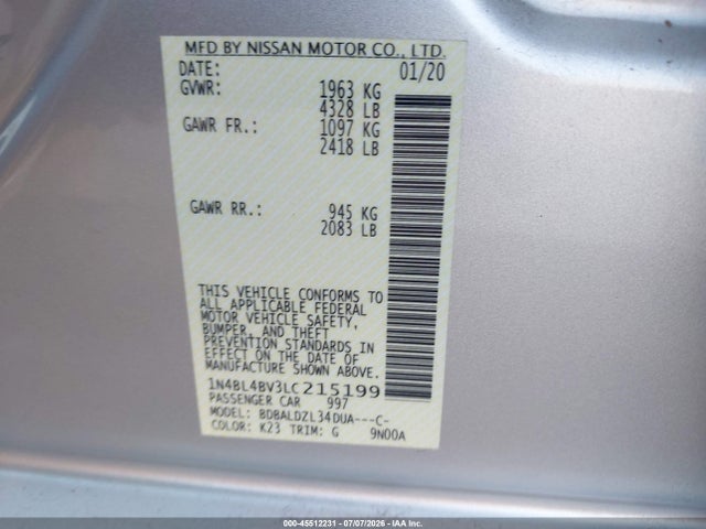45512231 :رقم المزاد ، 1N4BL4BV3LC215199 vin ، 2020 Nissan Altima S Fwd مزاد بيع