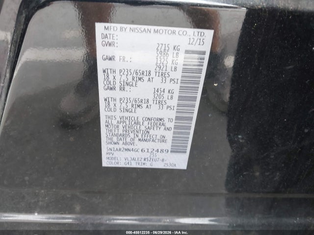 Aukcja sprzedaży 2016 Nissan Pathfinder Platinum/s/sl/sv, vin: 5N1AR2MN4GC612489, numer aukcji: 45512235