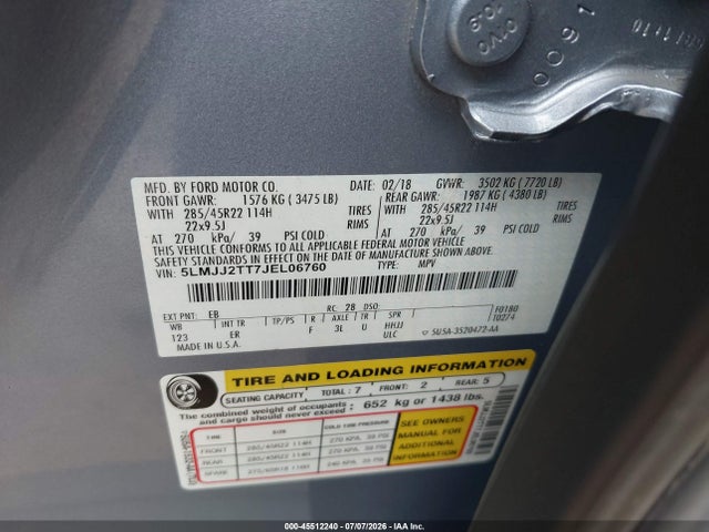 45512240 :رقم المزاد ، 5LMJJ2TT7JEL06760 vin ، 2018 Lincoln Navigator Black Label مزاد بيع