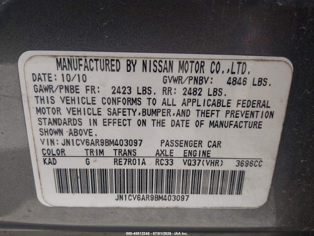 45512245 :رقم المزاد ، JN1CV6AR9BM403097 vin ، 2011 Infiniti G37x مزاد بيع