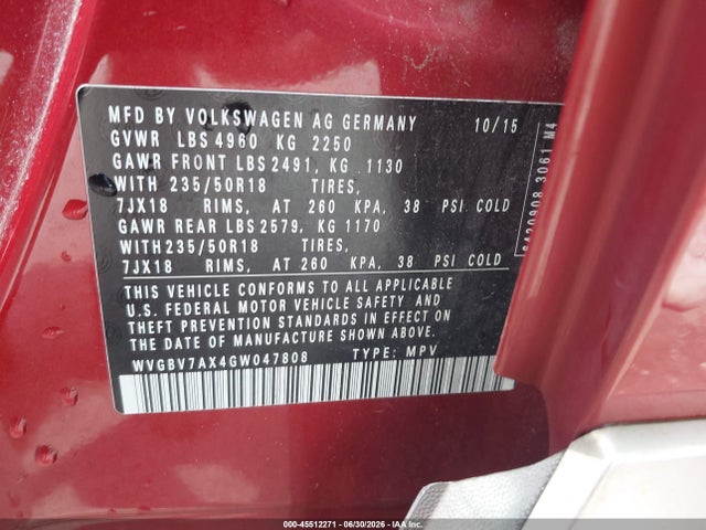 Aukcja sprzedaży 2016 Volkswagen Tiguan Se, vin: WVGBV7AX4GW047808, numer aukcji: 45512271