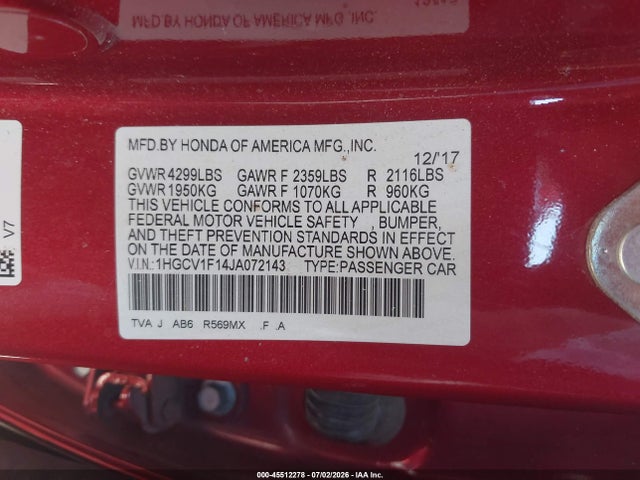 Honda ACCORD LX 2018 1HGCV1F14JA072143 Image 9
