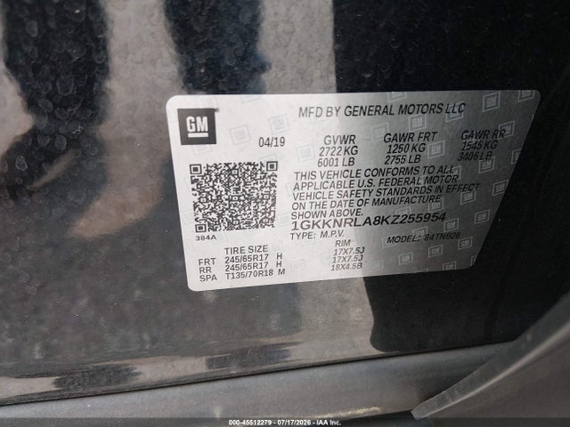 45512279 :رقم المزاد ، 1GKKNRLA8KZ255954 vin ، 2019 Gmc Acadia Sle-1 مزاد بيع
