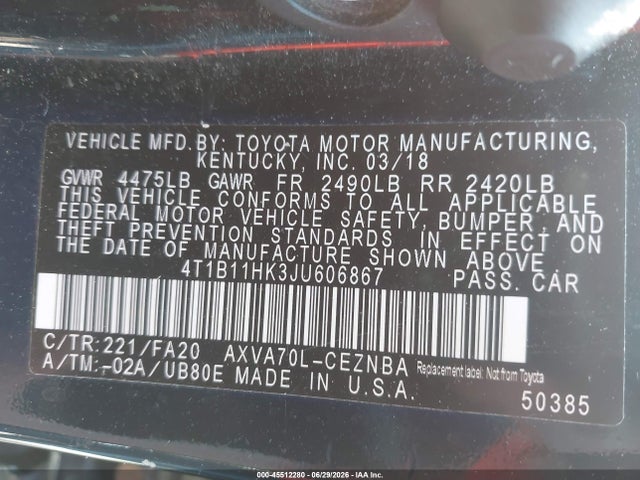4T1B11HK3JU606867 Toyota CAMRY LE