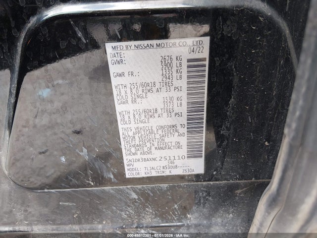 2022 Nissan Pathfinder Sv 2wd მანქანა იყიდება აუქციონზე, vin: 5N1DR3BAXNC251110, აუქციონის ნომერი: 45512301