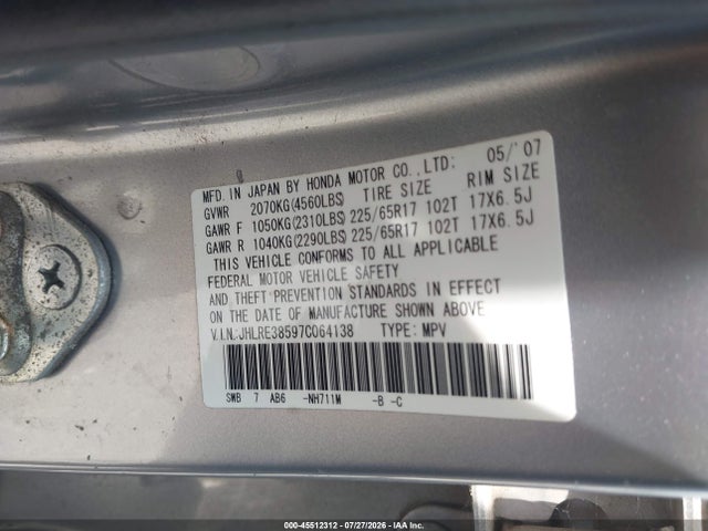Aukcja sprzedaży 2007 Honda Cr-v Ex, vin: JHLRE38597C064138, numer aukcji: 45512312