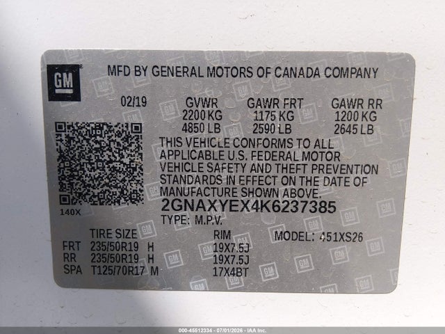 Aukcja sprzedaży 2019 Chevrolet Equinox Premier, vin: 2GNAXYEX4K6237385, numer aukcji: 45512334