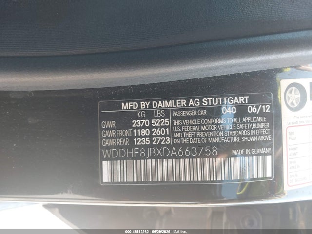 45512362 :رقم المزاد ، WDDHF8JBXDA663758 vin ، 2013 Mercedes-benz E 350 4matic مزاد بيع