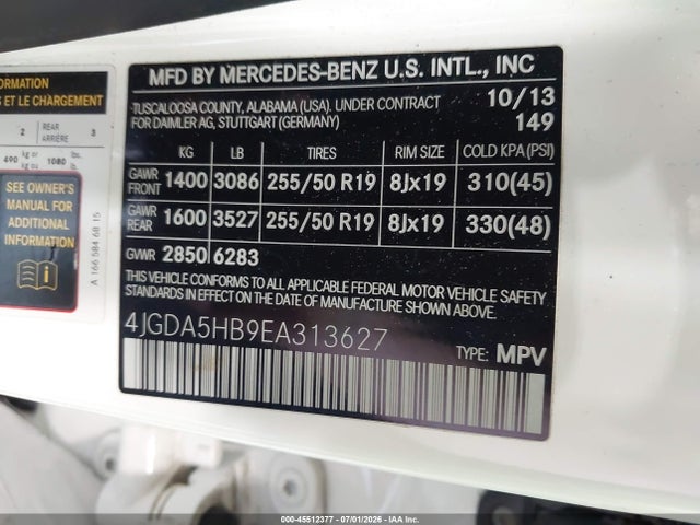 Aukcja sprzedaży 2014 Mercedes-benz Ml 350 4matic, vin: 4JGDA5HB9EA313627, numer aukcji: 45512377