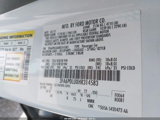 2017 Ford Fusion Hybrid Se მანქანა იყიდება აუქციონზე, vin: 3FA6P0LUXHR314583, აუქციონის ნომერი: 45512384