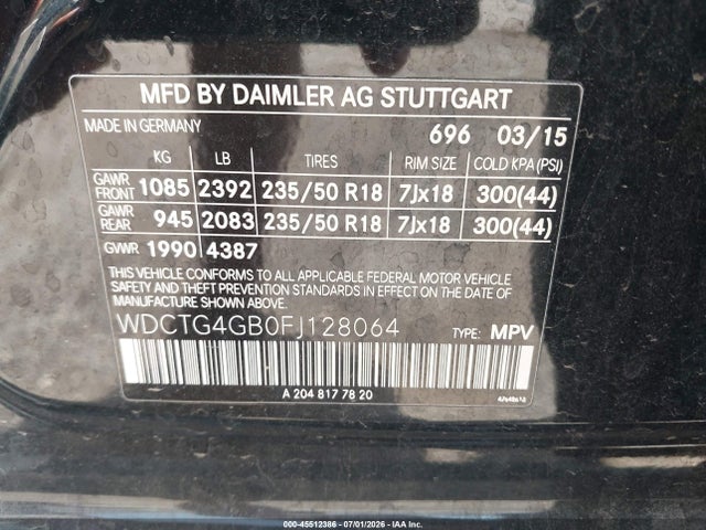 2015 Mercedes-benz Gla 250 4matic მანქანა იყიდება აუქციონზე, vin: WDCTG4GB0FJ128064, აუქციონის ნომერი: 45512386