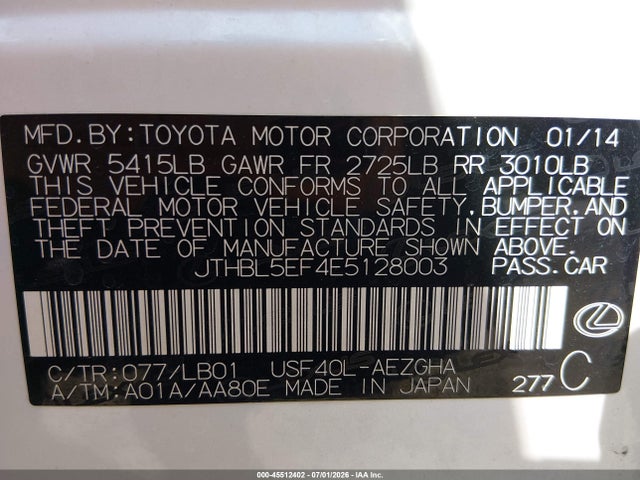 Продажа на аукционе авто 2014 Lexus Ls 460, vin: JTHBL5EF4E5128003, номер лота: 45512402