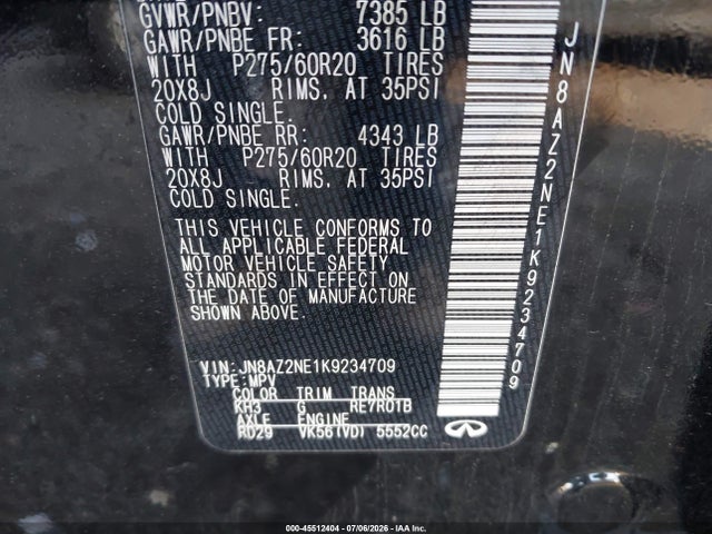 45512404 :رقم المزاد ، JN8AZ2NE1K9234709 vin ، 2019 Infiniti Qx80 Luxe مزاد بيع