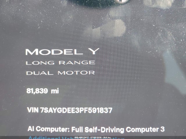 7SAYGDEE3PF591837 Tesla Model Y Awd/long Range Dual Motor All-wheel Drive