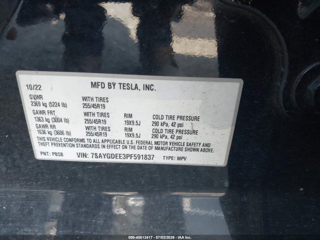7SAYGDEE3PF591837 Tesla Model Y Awd/long Range Dual Motor All-wheel Drive