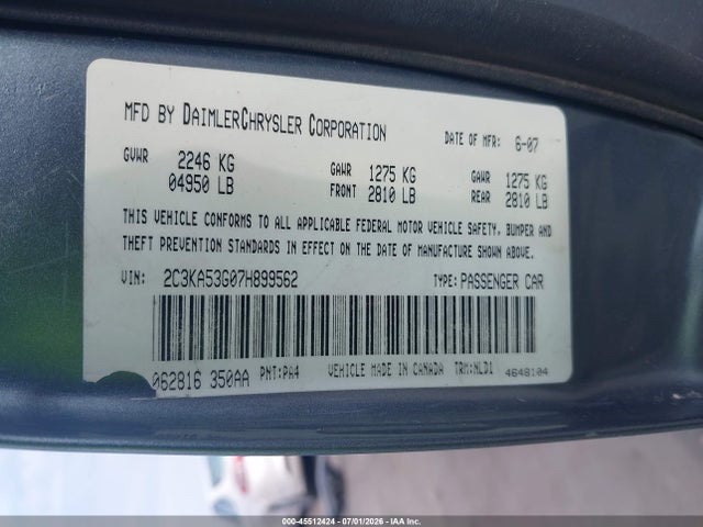 Продаж на аукціоні авто 2007 Chrysler 300 Touring, vin: 2C3KA53G07H899562, номер лоту: 45512424