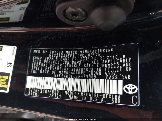 2026 Toyota Corolla Le მანქანა იყიდება აუქციონზე, vin: 5YFB4MDE0TP463969, აუქციონის ნომერი: 45512425
