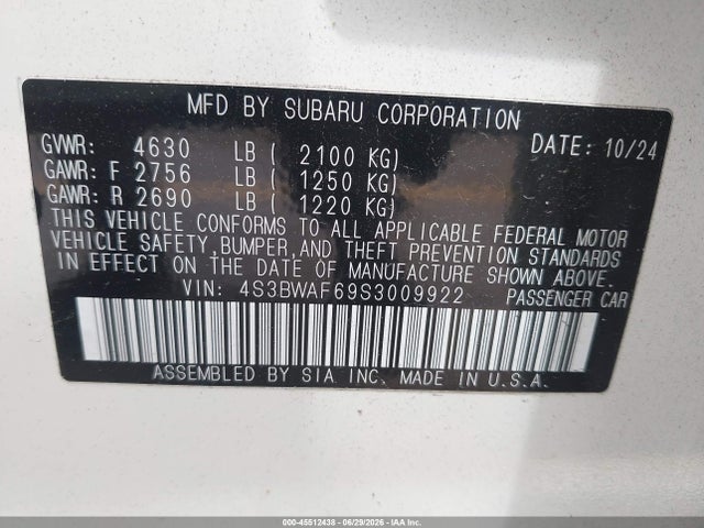 2025 Subaru Legacy Premium მანქანა იყიდება აუქციონზე, vin: 4S3BWAF69S3009922, აუქციონის ნომერი: 45512438