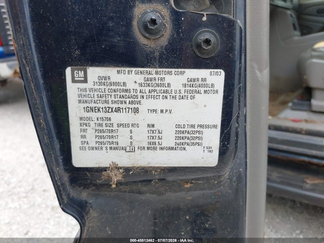 45512462 :رقم المزاد ، 1GNEK13ZX4R117108 vin ، 2004 Chevrolet Tahoe Lt مزاد بيع