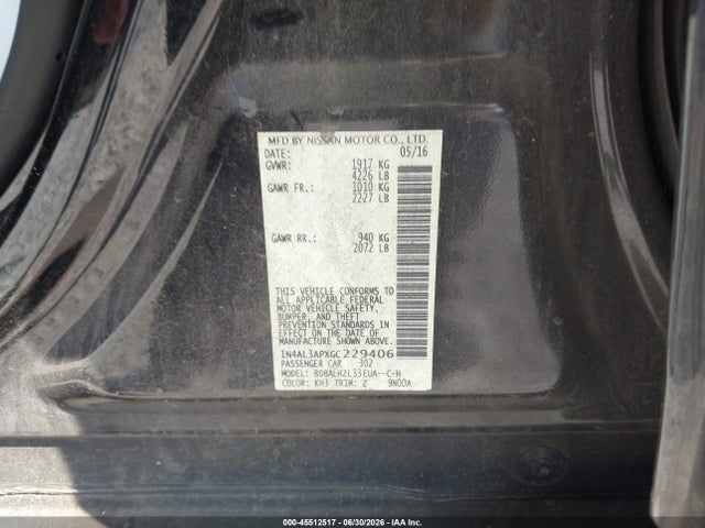 Продаж на аукціоні авто 2016 Nissan Altima 2.5 Sr, vin: 1N4AL3APXGC229406, номер лоту: 45512517