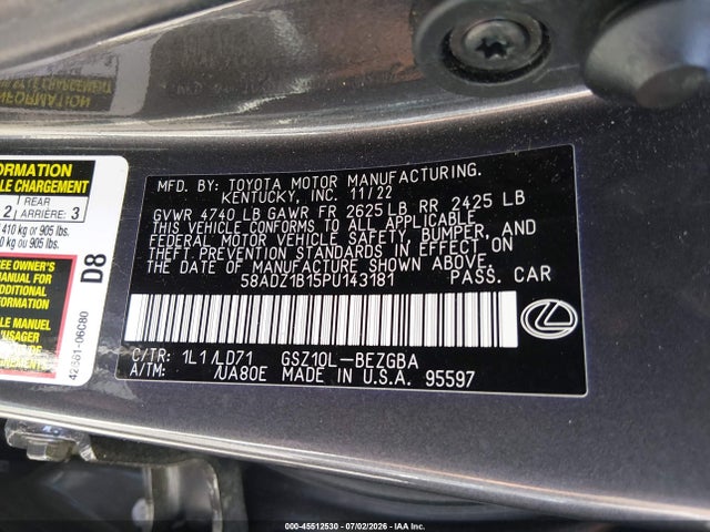 Aukcja sprzedaży 2023 Lexus Es 350, vin: 58ADZ1B15PU143181, numer aukcji: 45512530