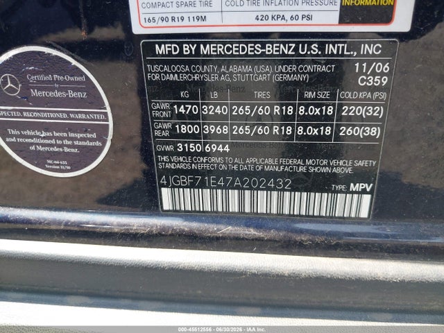 45512556 :رقم المزاد ، 4JGBF71E47A202432 vin ، 2007 Mercedes-benz Gl 450 4matic مزاد بيع