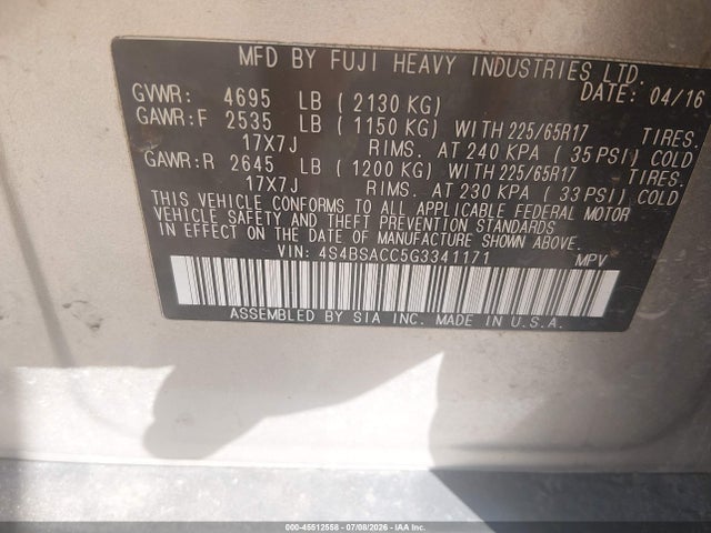 Aukcja sprzedaży 2016 Subaru Outback 2.5i Premium, vin: 4S4BSACC5G3341171, numer aukcji: 45512558