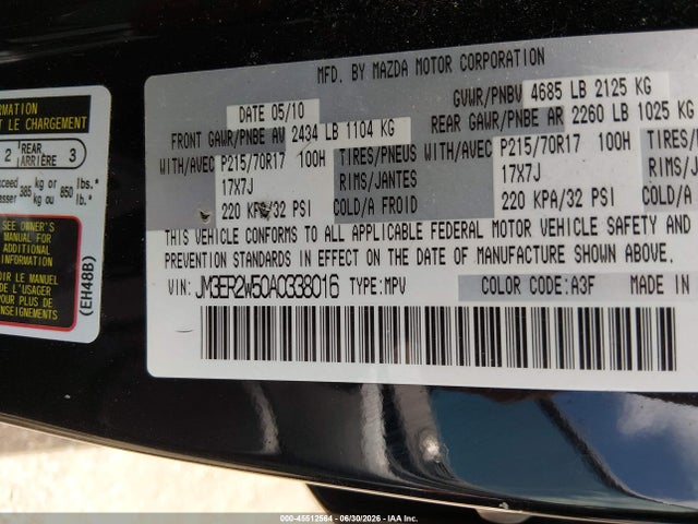 Aukcja sprzedaży 2010 Mazda Cx-7 I Sv, vin: JM3ER2W50A0338016, numer aukcji: 45512564
