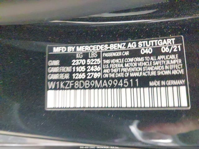 2021 Mercedes-benz E 350 მანქანა იყიდება აუქციონზე, vin: W1KZF8DB9MA994511, აუქციონის ნომერი: 45512592