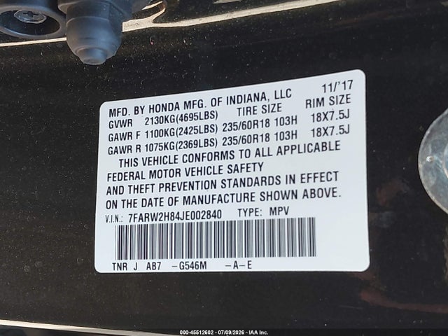 2018 Honda Cr-v Ex-l/ex-l Navi მანქანა იყიდება აუქციონზე, vin: 7FARW2H84JE002840, აუქციონის ნომერი: 45512602