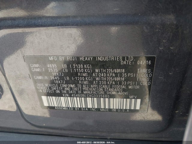 Subaru Outback 2.5i Limited 2016 4S4BSBLCXG3335680 Image 9