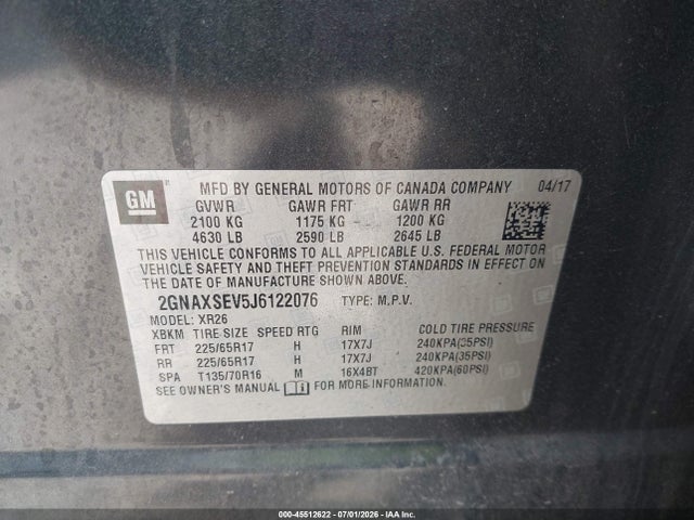 Aukcja sprzedaży 2018 Chevrolet Equinox Lt, vin: 2GNAXSEV5J6122076, numer aukcji: 45512622