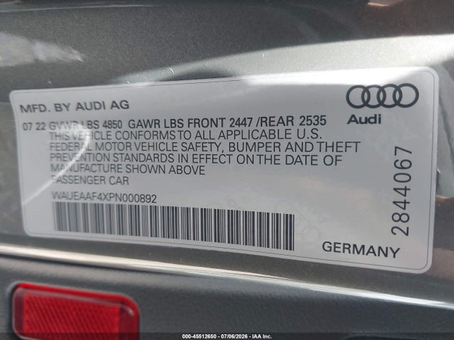 Aukcja sprzedaży 2023 Audi A4 Premium Plus 45 Tfsi S Line Quattro S Tronic, vin: WAUEAAF4XPN000892, numer aukcji: 45512650