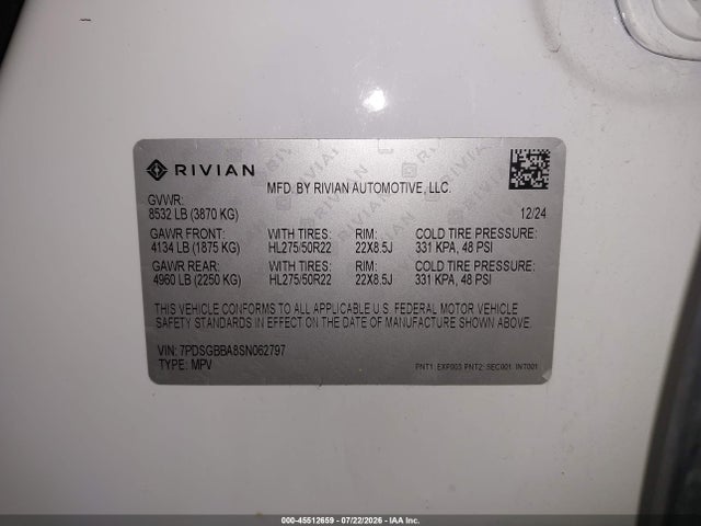 Aukcja sprzedaży 2025 Rivian R1s, vin: 7PDSGBBA8SN062797, numer aukcji: 45512659