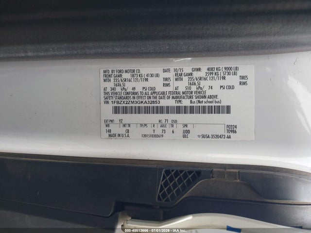 45512666 :رقم المزاد ، 1FBZX2ZM3GKA32853 vin ، 2016 Ford Transit T-350 مزاد بيع